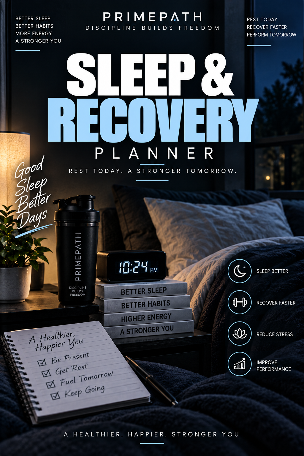 PrimePath Sleep & Recovery Planner | 30-Day Rest, Recovery & Wellness System  Better sleep. Better recovery. Better days. 🌙